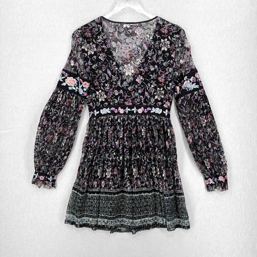 Free People Mini Dress Womens 2 Black Floral Lace Embroidered V-Neck Long Sleeve - Picture 5 of 16